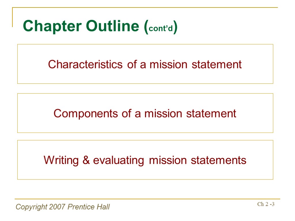 Copyright 2007 Prentice Hall Ch 2 -3 Chapter Outline (cont’d) Characteristics of a mission